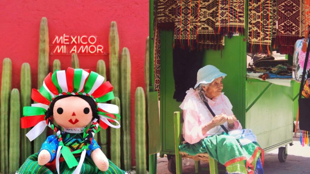 craftswoman embroidering a doll in the street